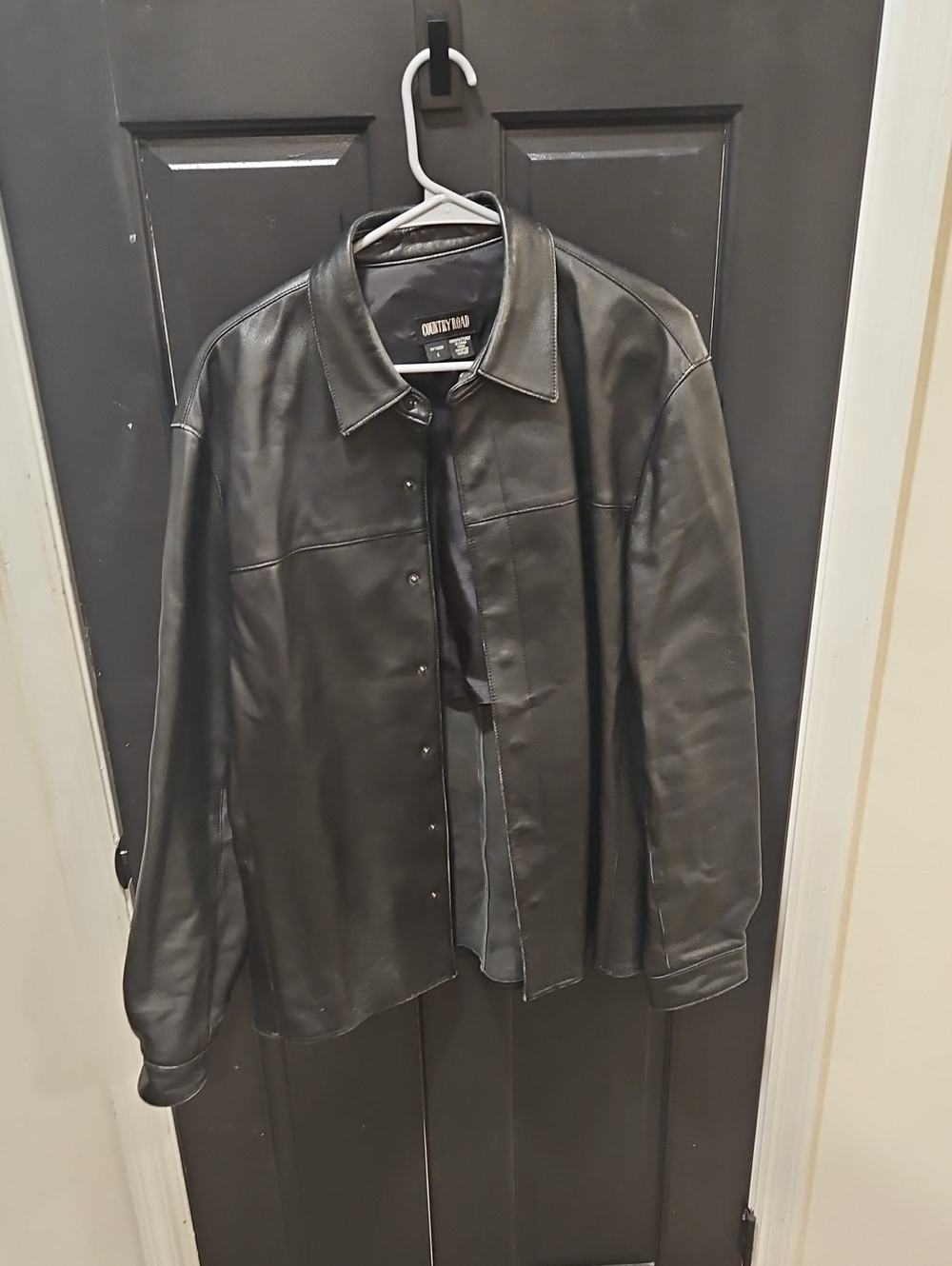 Country Road Black Leather Snap-Front Bomber Jacket